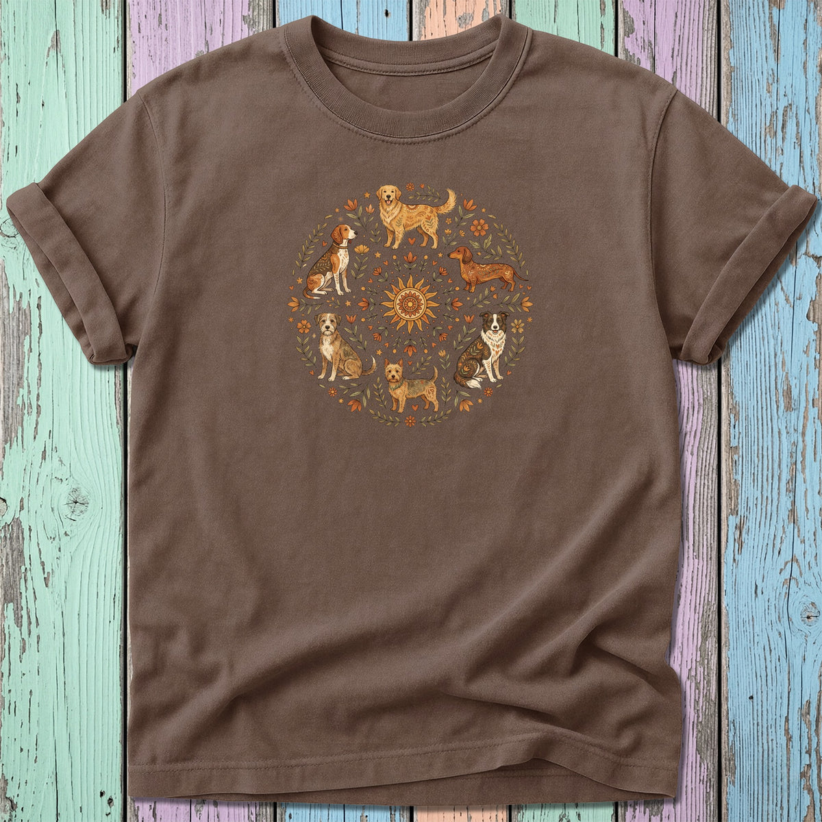 Brown t-shirt with a circular illustration of various dog breeds surrounded by flowers and a sun.