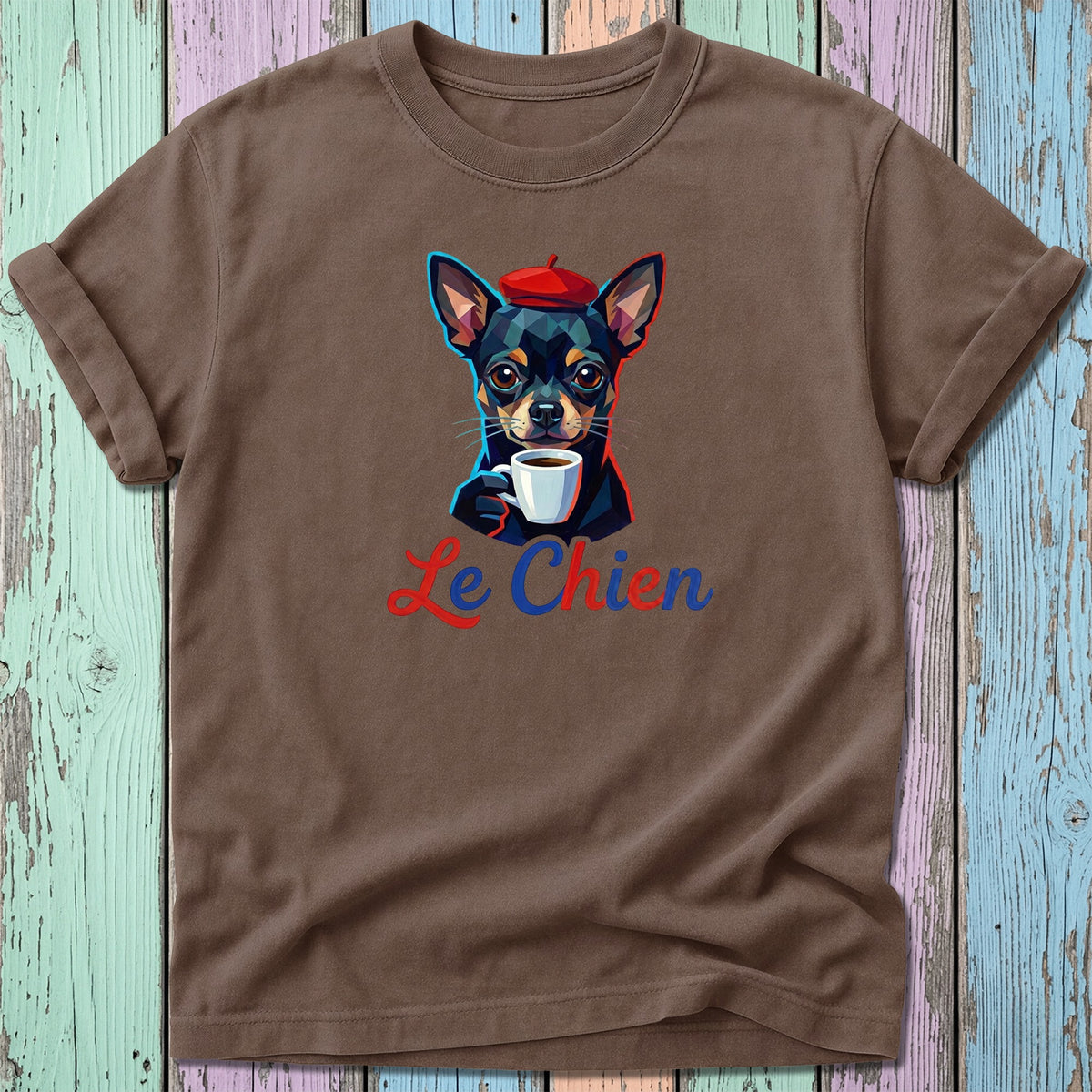 Chihuahua wearing a beret, holding a coffee cup with text "Le Chien."