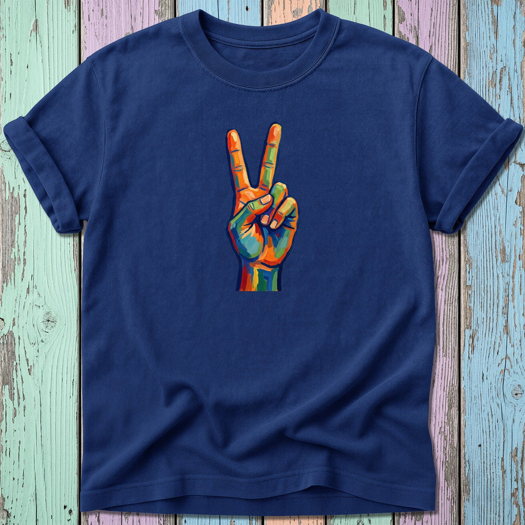 Dark blue t-shirt with a colorful, abstract peace sign hand graphic.