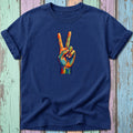 Dark blue t-shirt with a colorful, abstract peace sign hand graphic.