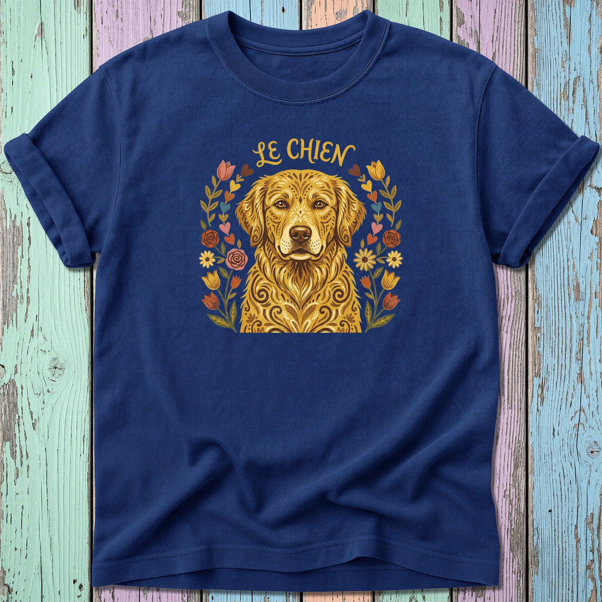Navy t-shirt with golden retriever and floral design, reading "LE CHIEN".