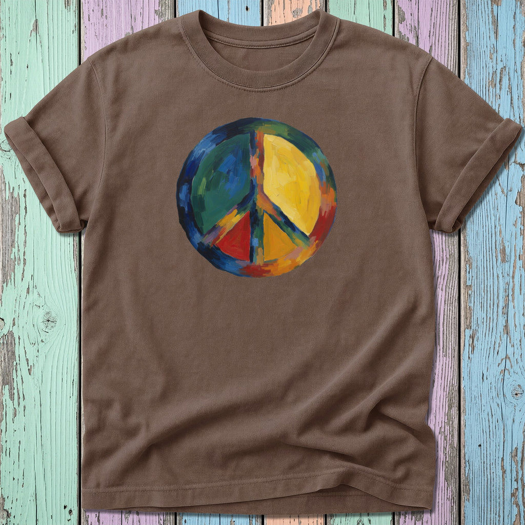 Brown t-shirt with a colorful, painted peace sign graphic.