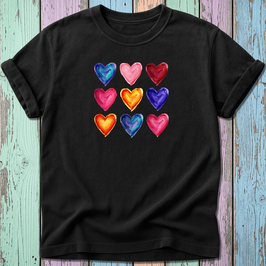 Black t-shirt with nine watercolor hearts in various bright colors.