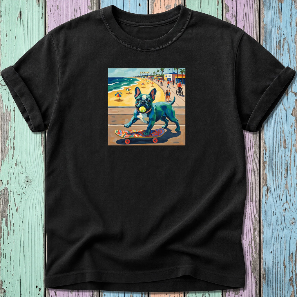 French bulldog on skateboard at the beach.