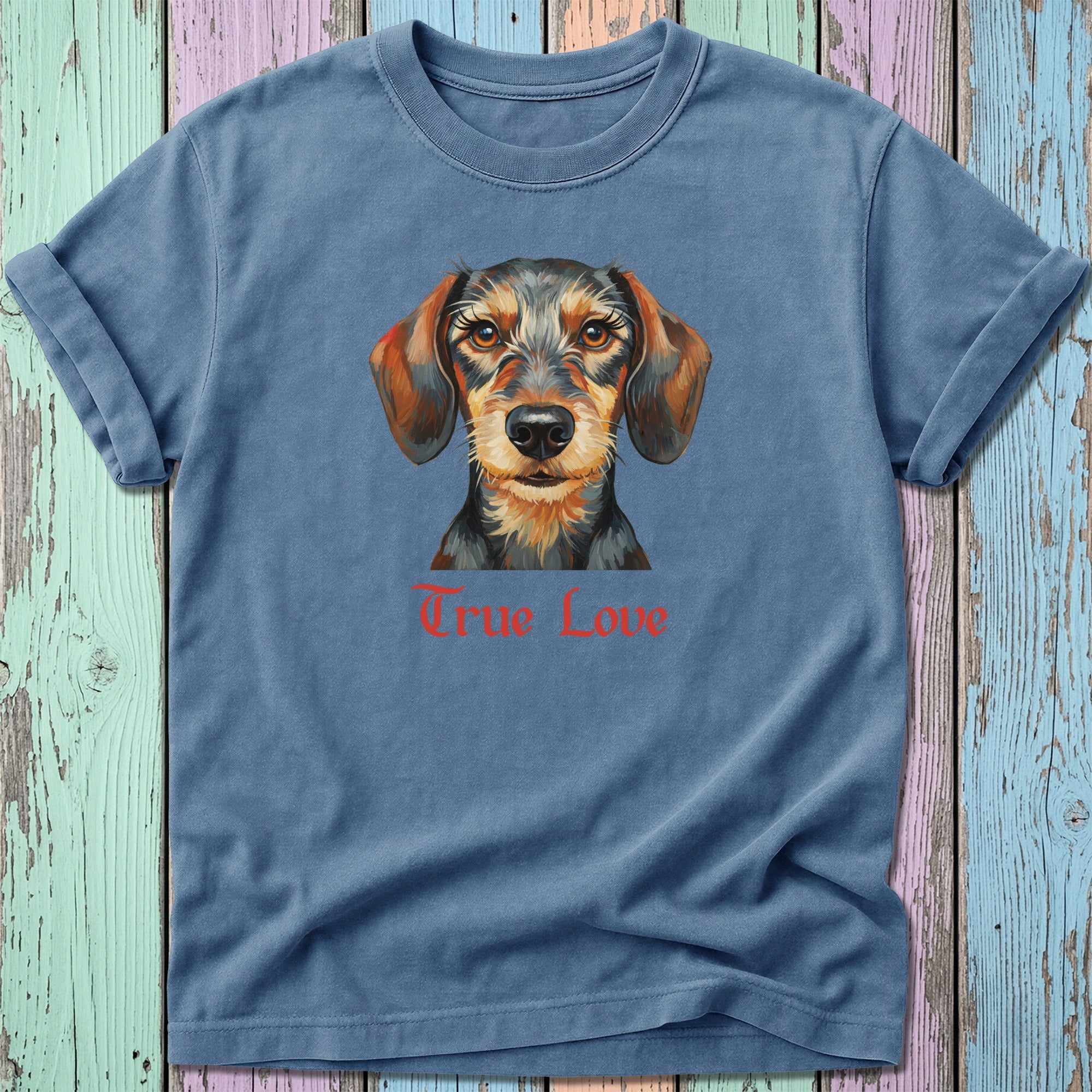 Blue t-shirt with a watercolor dachshund portrait and "True Love" text.