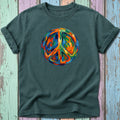 Dark green t-shirt with a circular, painterly peace sign in vibrant colors.
