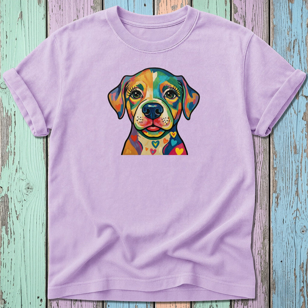 Purple t-shirt with colorful dog portrait and heart accents.