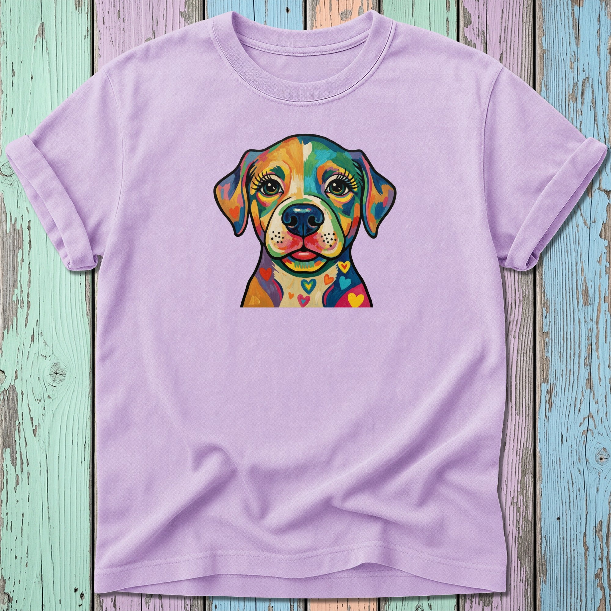Purple t-shirt with colorful dog portrait and heart accents.