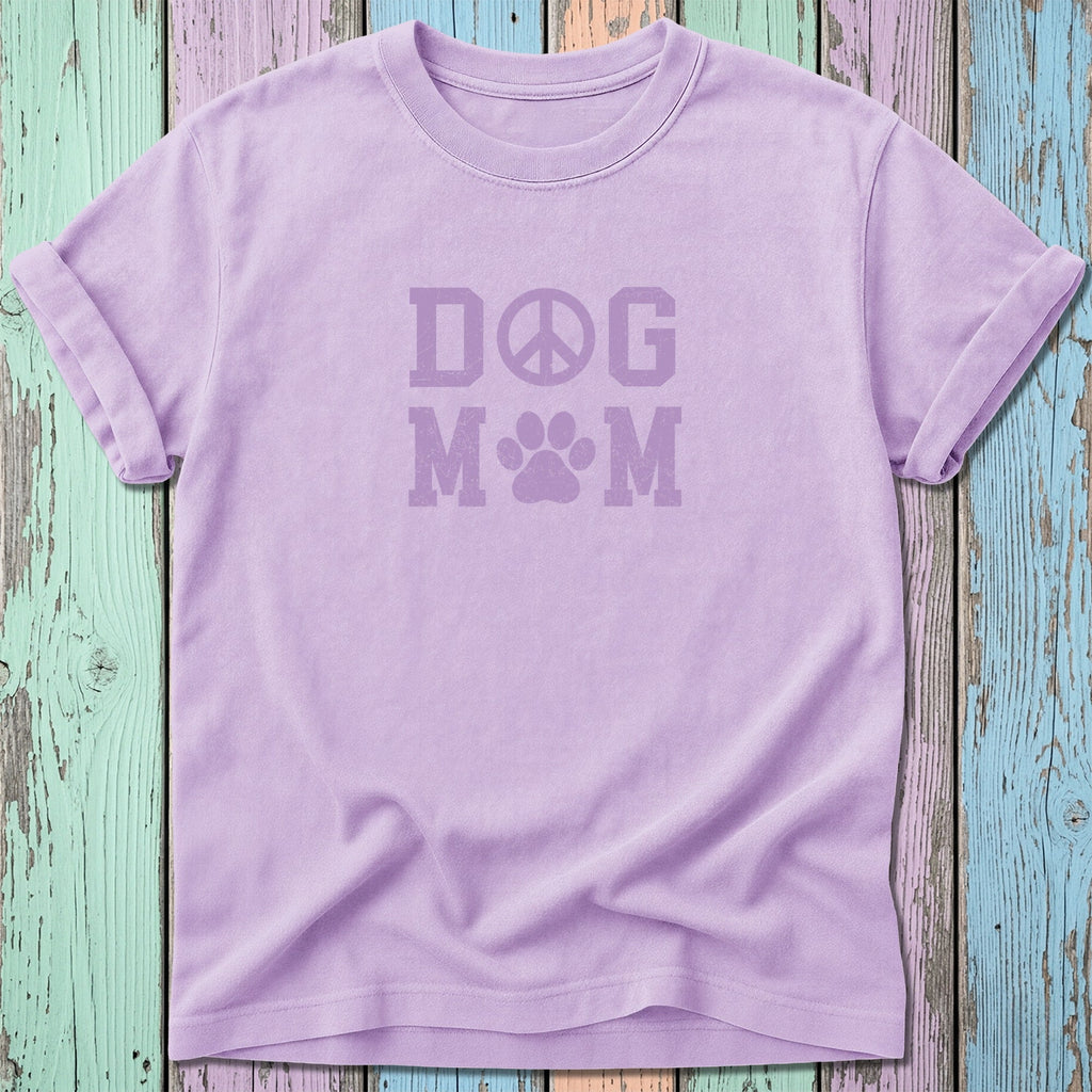 Lavender t-shirt with "Dog Mom" and a peace sign and paw print graphic.