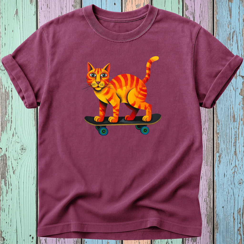Orange tabby cat with blue eyes riding a skateboard.