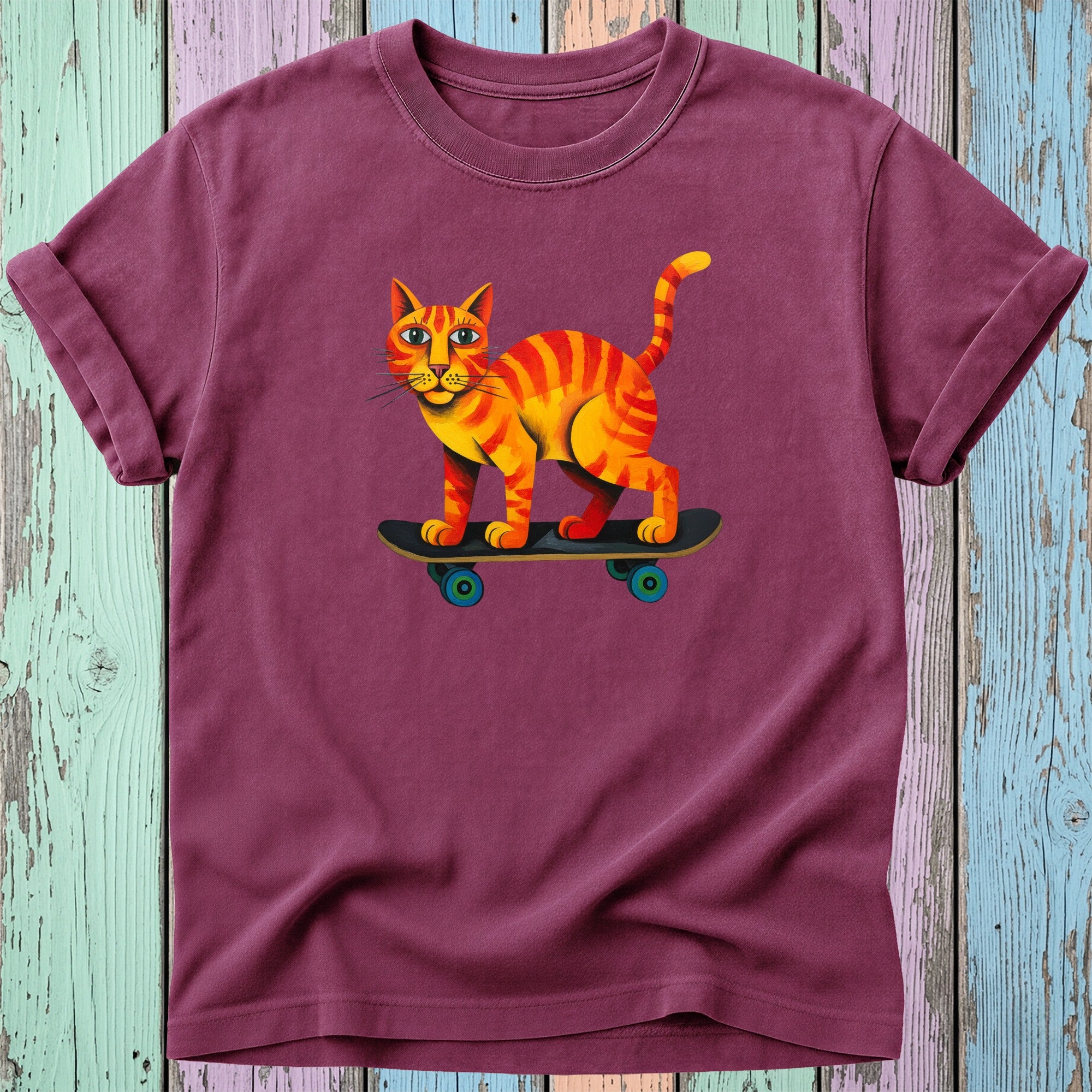 Orange tabby cat with blue eyes riding a skateboard.