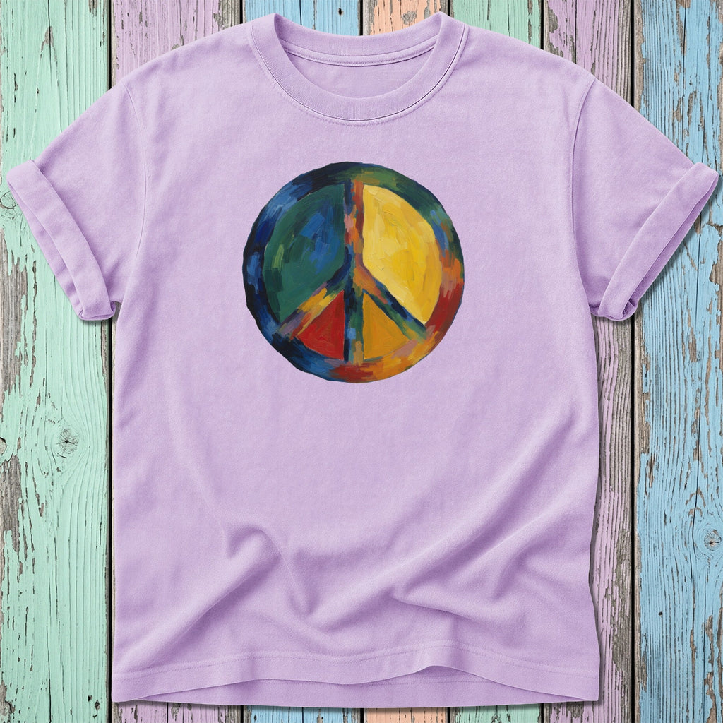 Purple t-shirt featuring a colorful, hand-painted peace symbol design.