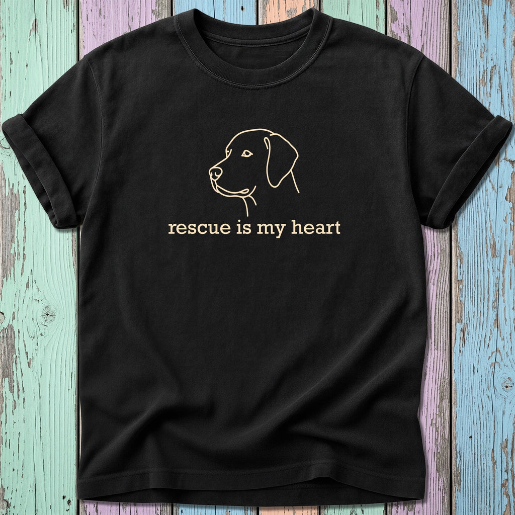 Black t-shirt with a line drawing of a dog's head and "rescue is my heart" text.