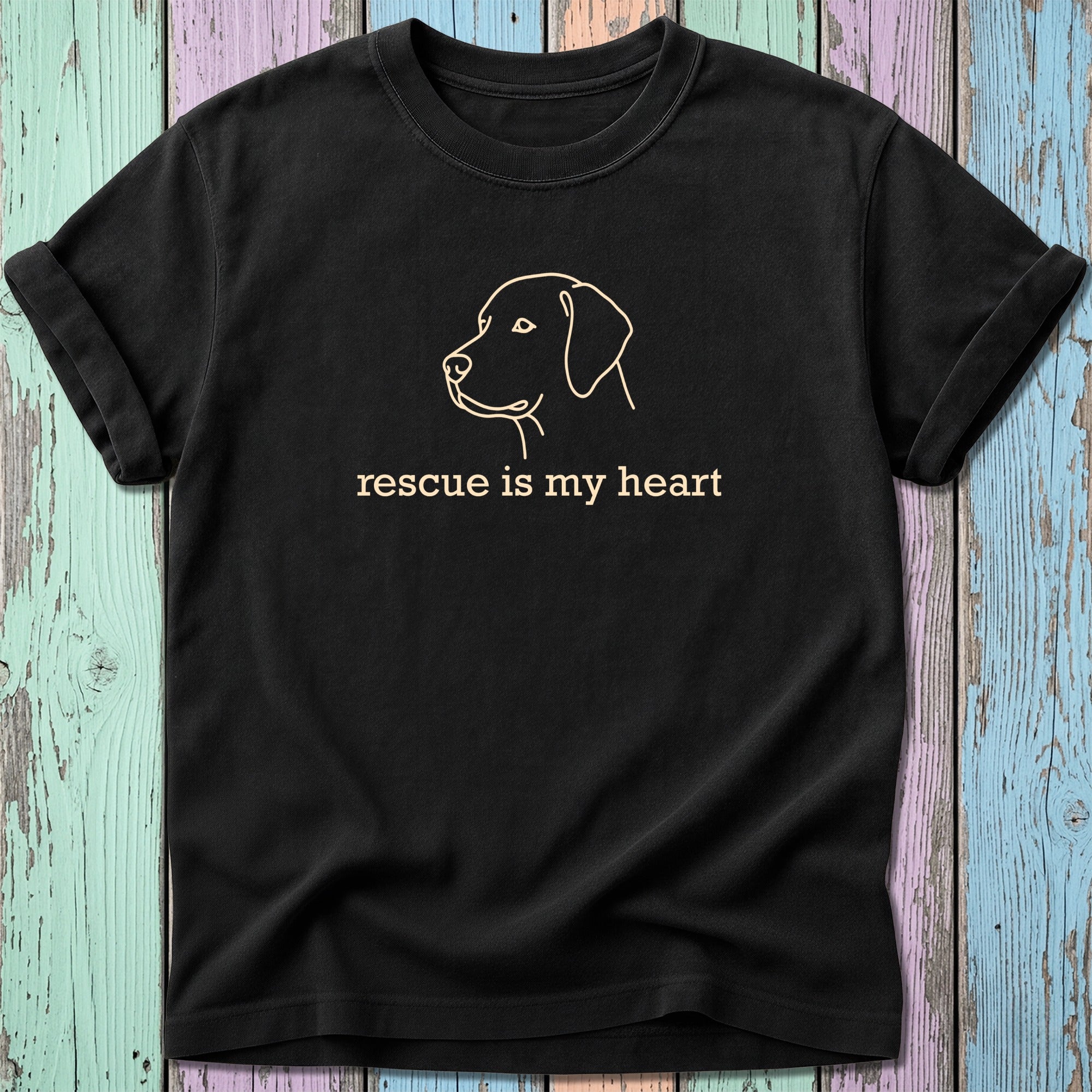 Black t-shirt with a line drawing of a dog's head and "rescue is my heart" text.