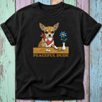 Chihuahua wearing bandana and drinking coffee with text "PEACEFUL DUDE".