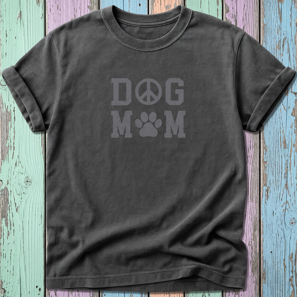 Dark grey "Dog Mom" t-shirt with peace sign and paw print graphic.
