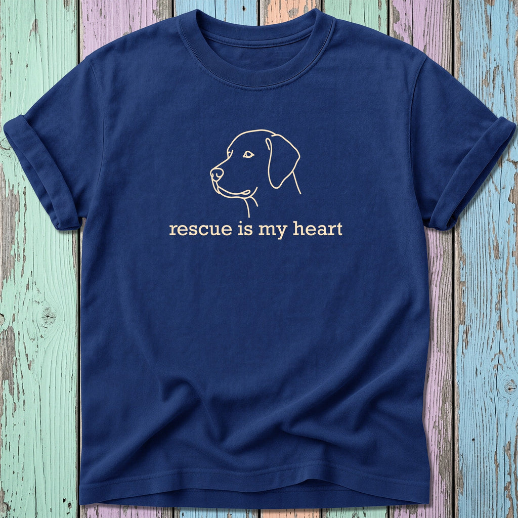 Navy t-shirt with a line drawing of a dog's head and the text "rescue is my heart."