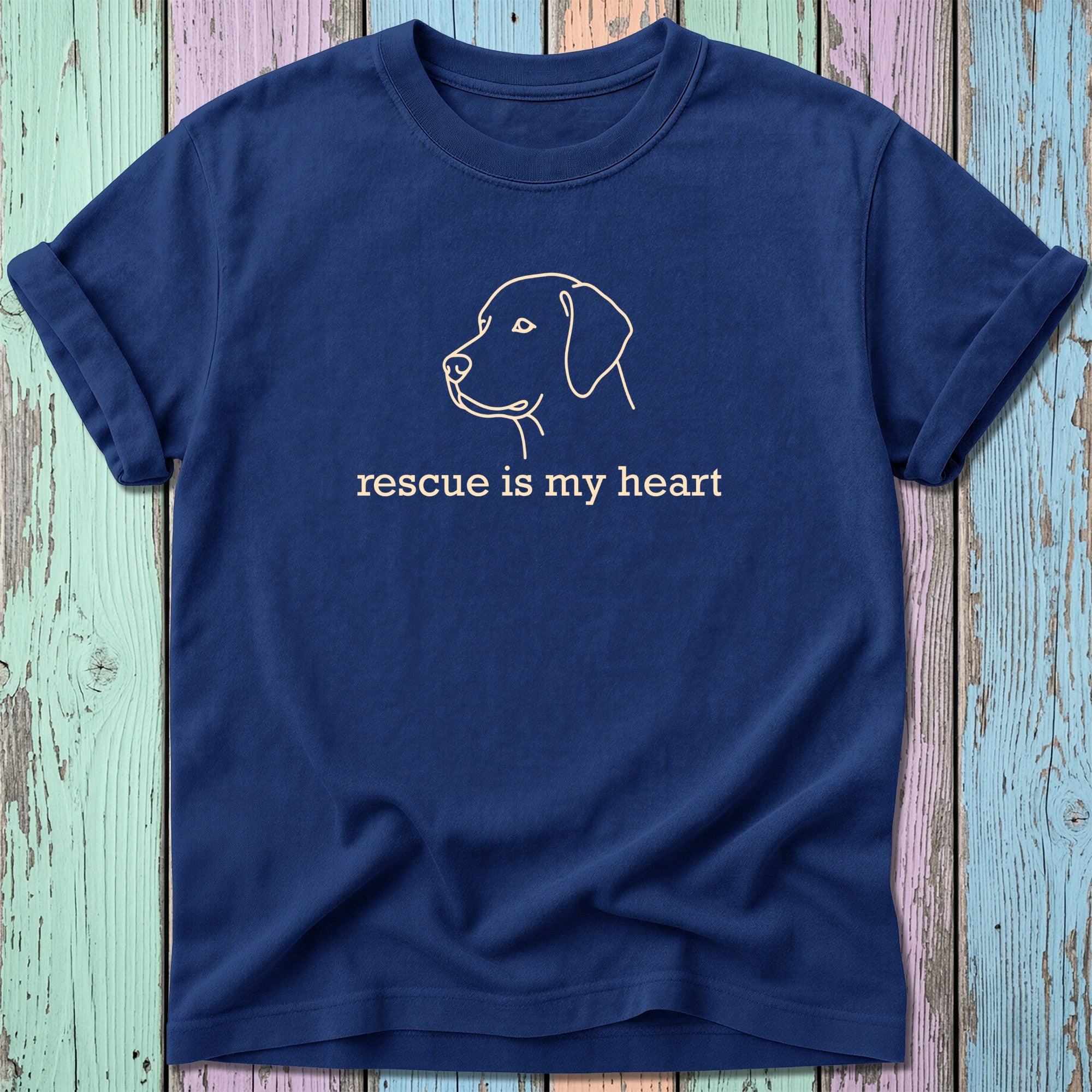 Navy t-shirt with a line drawing of a dog's head and the text "rescue is my heart."