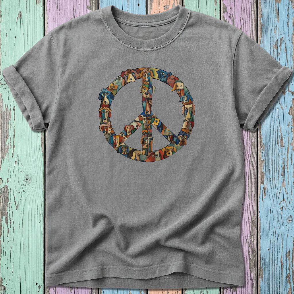 T-shirt with a peace sign made of dog faces.