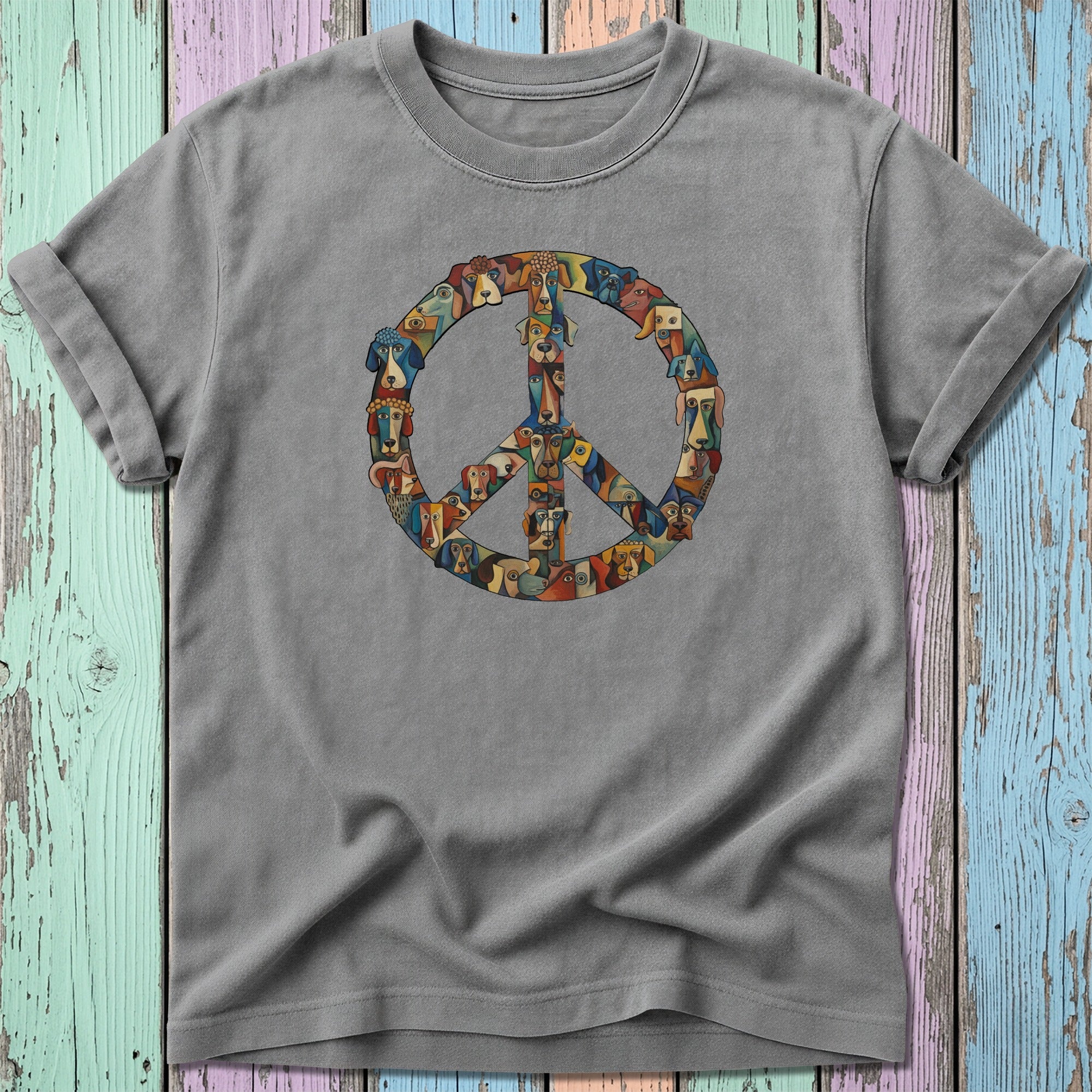 T-shirt with a peace sign made of dog faces.