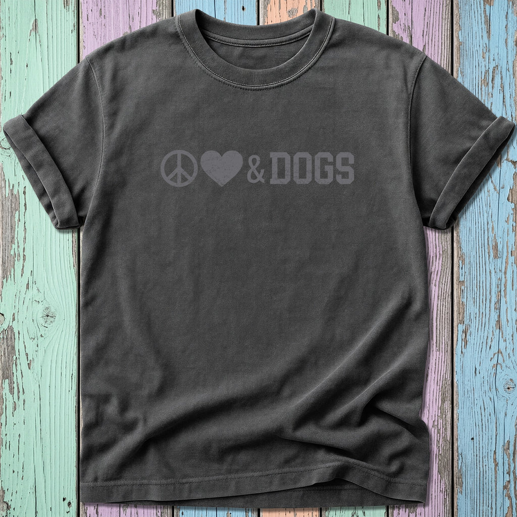 Dark grey t-shirt with peace symbol, heart, and "DOGS" graphic.