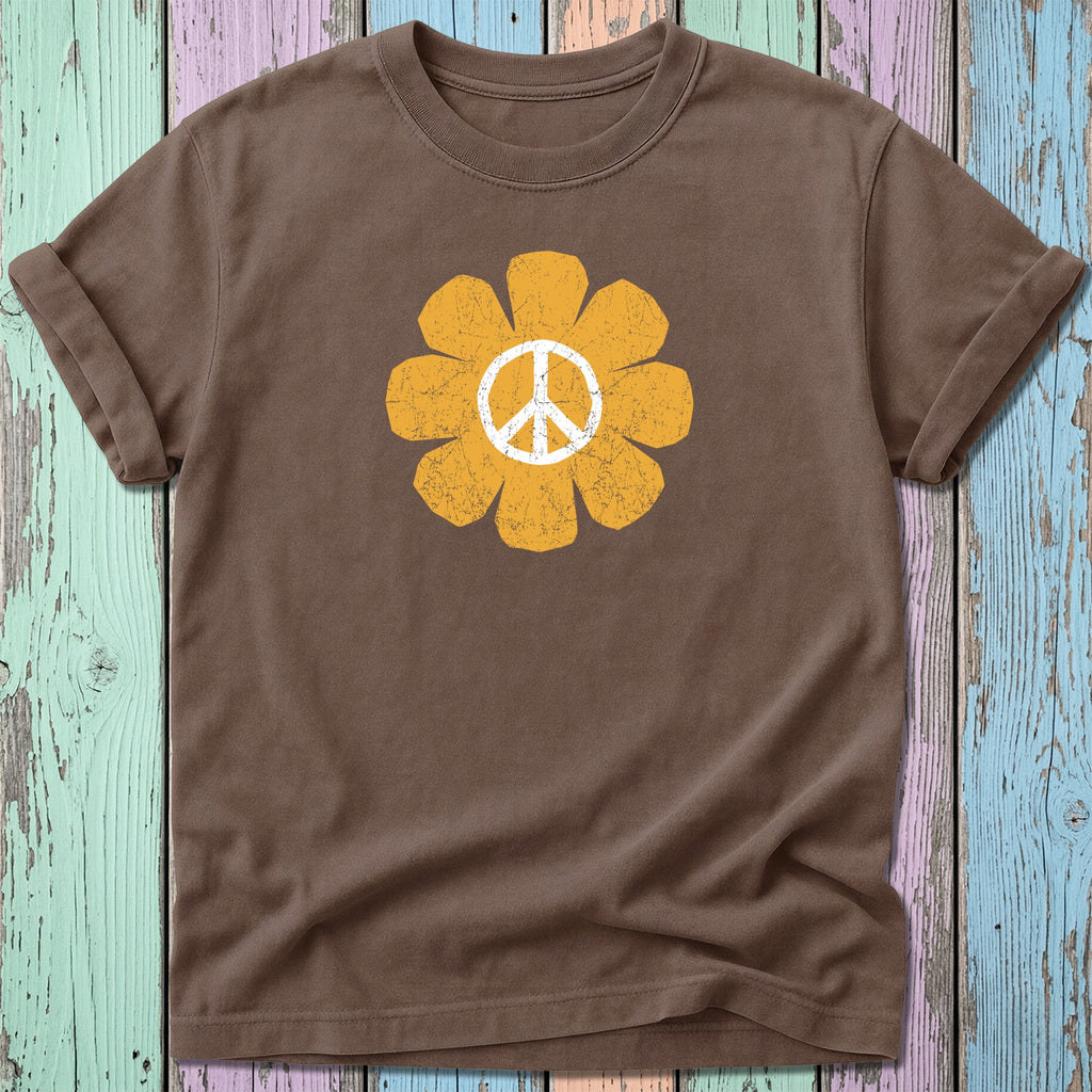 Brown t-shirt with a distressed yellow peace sign flower graphic.
