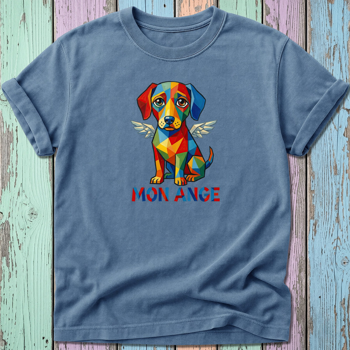Blue t-shirt with a colorful geometric dog wearing wings and "MON ANGE" text.
