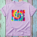 Purple t-shirt with "PEACE" in a colorful tie-dye pattern.
