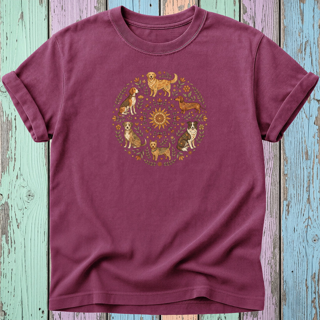 Maroon t-shirt with a circular dog and floral graphic on the chest.