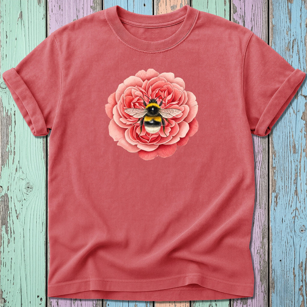 Pink t-shirt with a realistic bumblebee on a pink rose.