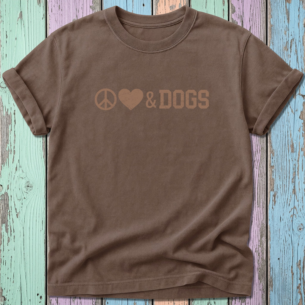 Brown t-shirt with peace sign, heart, and "dogs" text.