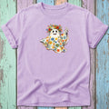 Lavender t-shirt with a watercolor ghost graphic holding a peace sign and wearing a flower crown.