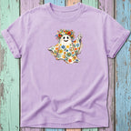 Lavender t-shirt with a watercolor ghost graphic holding a peace sign and wearing a flower crown.