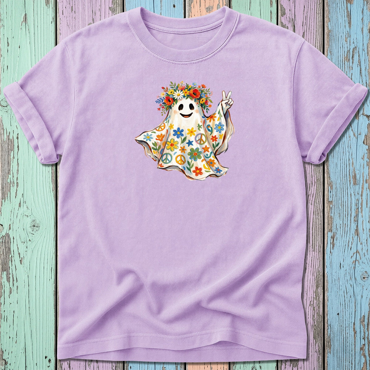 Lavender t-shirt with a watercolor ghost graphic holding a peace sign and wearing a flower crown.