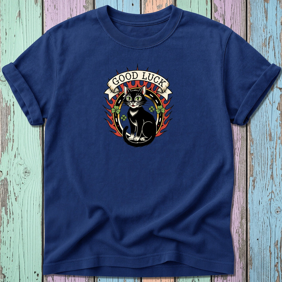Navy t-shirt with black cat, shamrocks, and "Good Luck" banner.