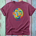 Maroon t-shirt with colorful abstract face graphic and "LOVE" text.