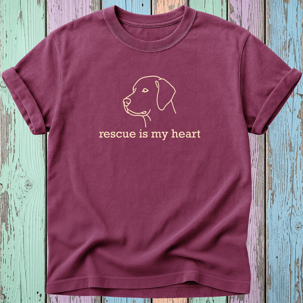 Maroon t-shirt with a dog outline and the text "rescue is my heart".