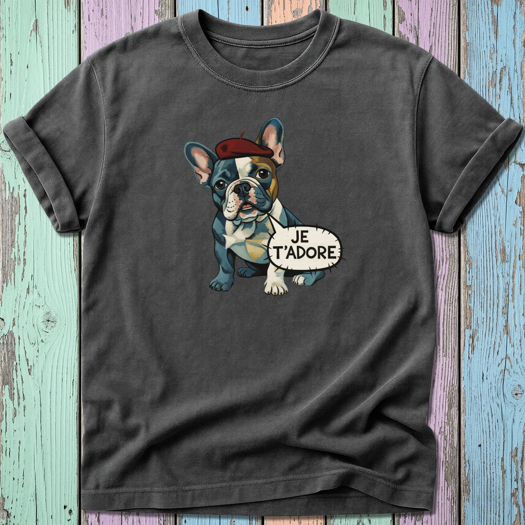 Dark t-shirt with cartoon French bulldog wearing a beret and speaking "JE T'ADORE".