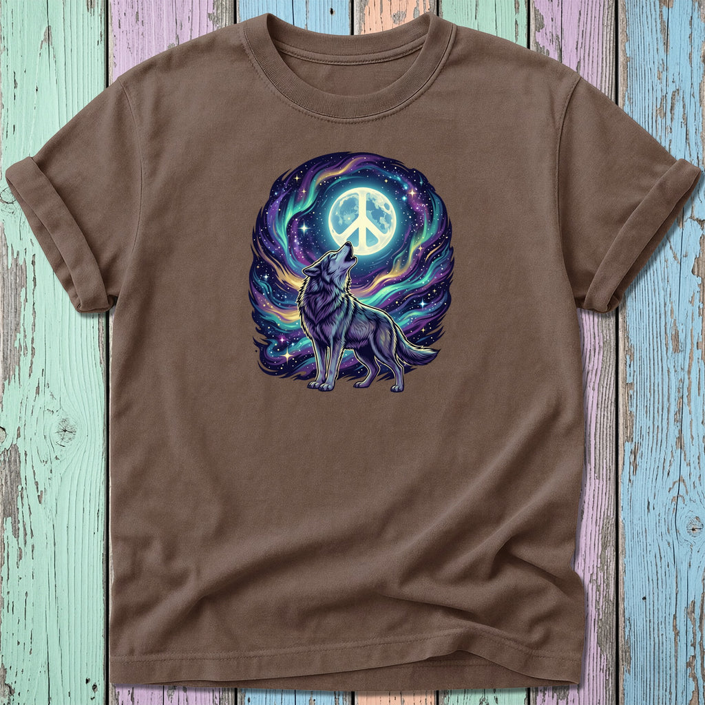 Brown t-shirt with a howling wolf and peace sign under a starry sky.