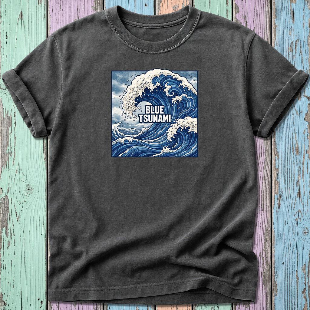 Dark gray t-shirt with a blue wave graphic and "BLUE TSUNAMI" text.
