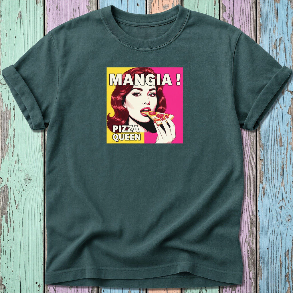 Woman eating pizza with "MANGIA! PIZZA QUEEN" text.