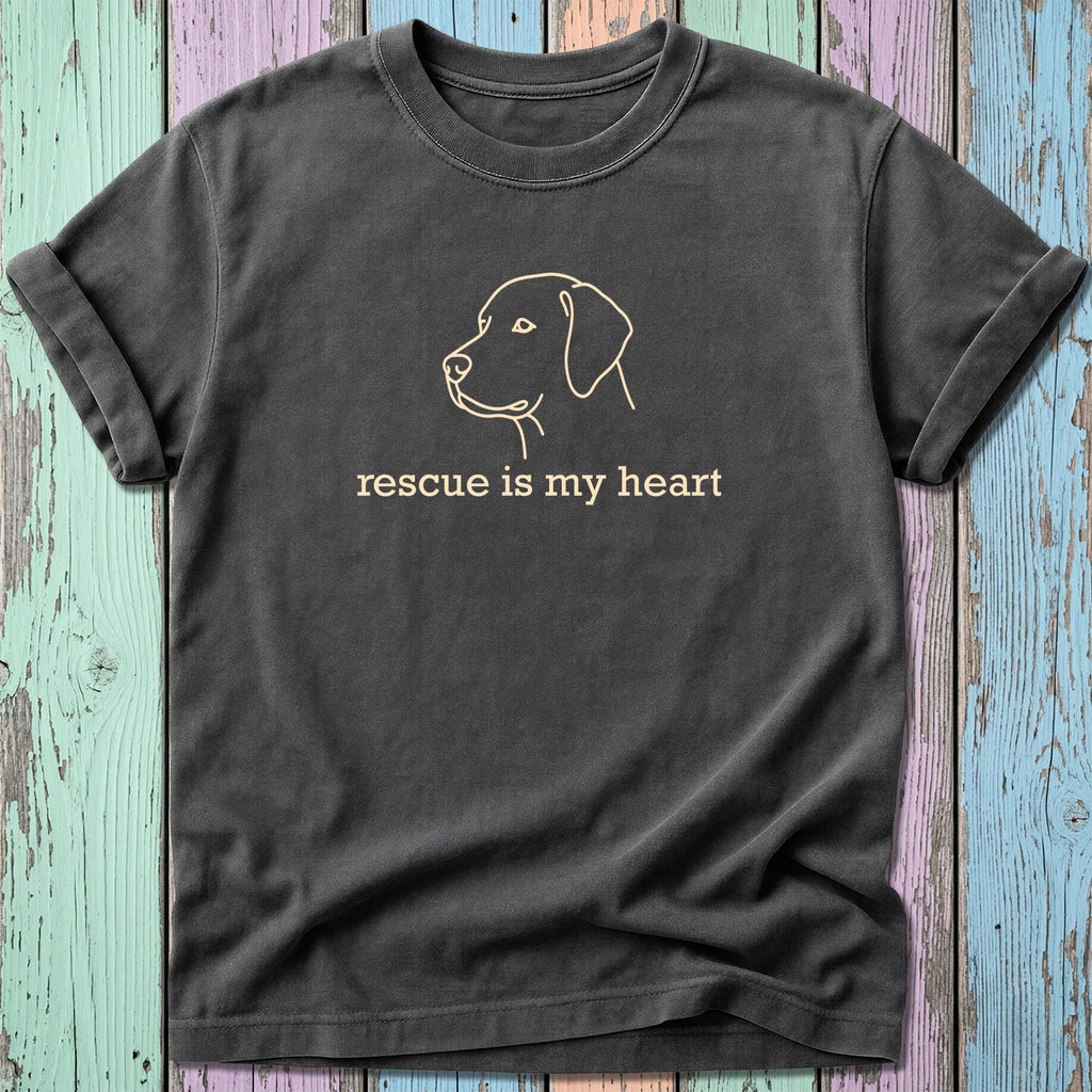 Dark grey t-shirt with dog outline and "rescue is my heart" text.