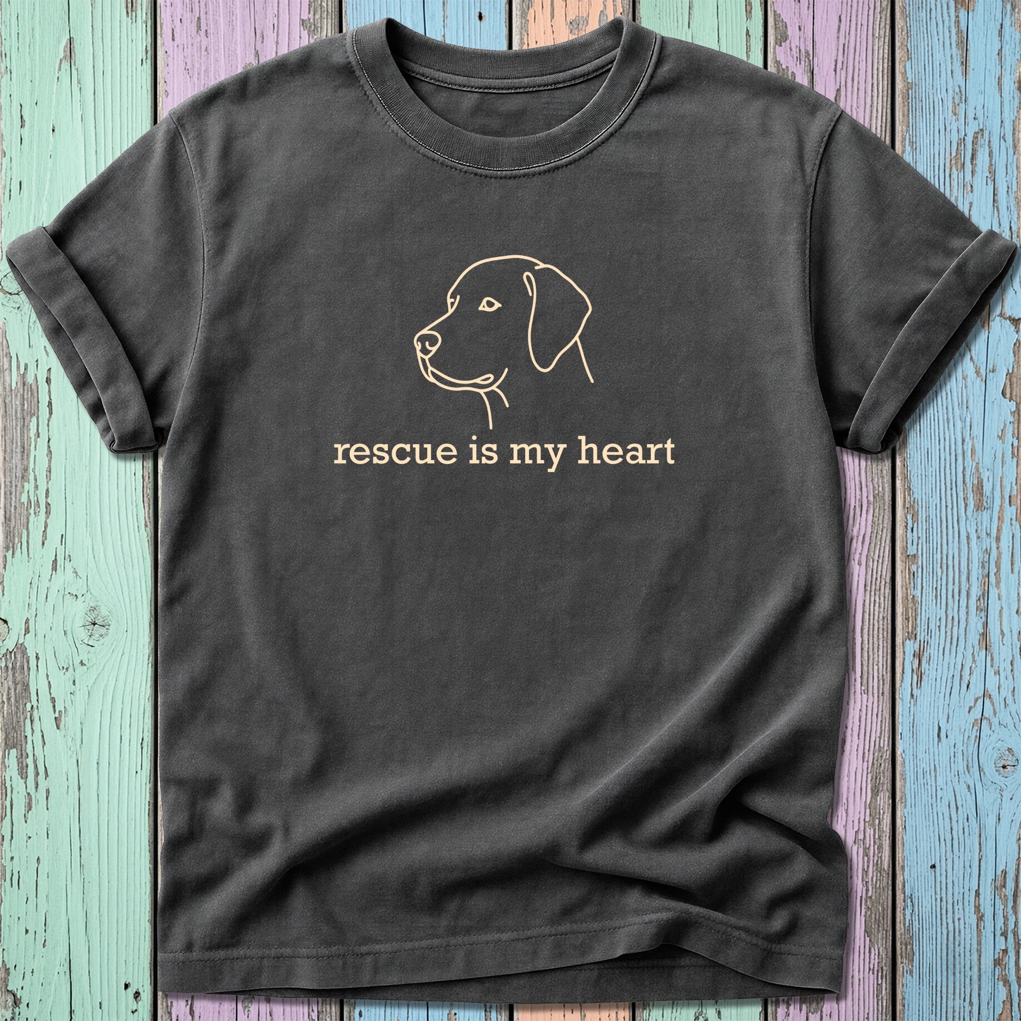 Dark grey t-shirt with dog outline and "rescue is my heart" text.
