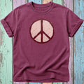 Maroon t-shirt with a distressed, circular peace sign graphic.