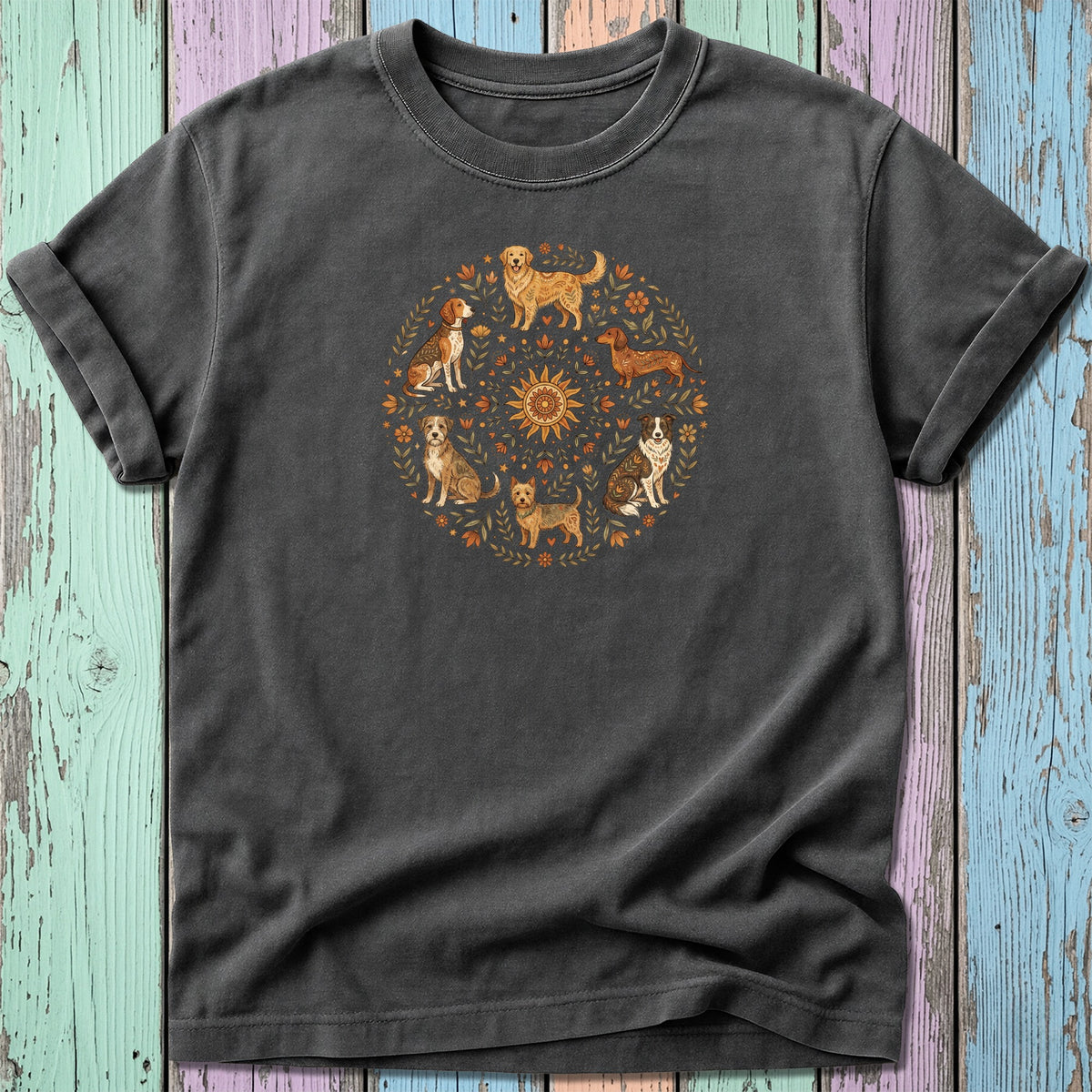 Dark grey t-shirt with a circular dog and floral design in warm colors.