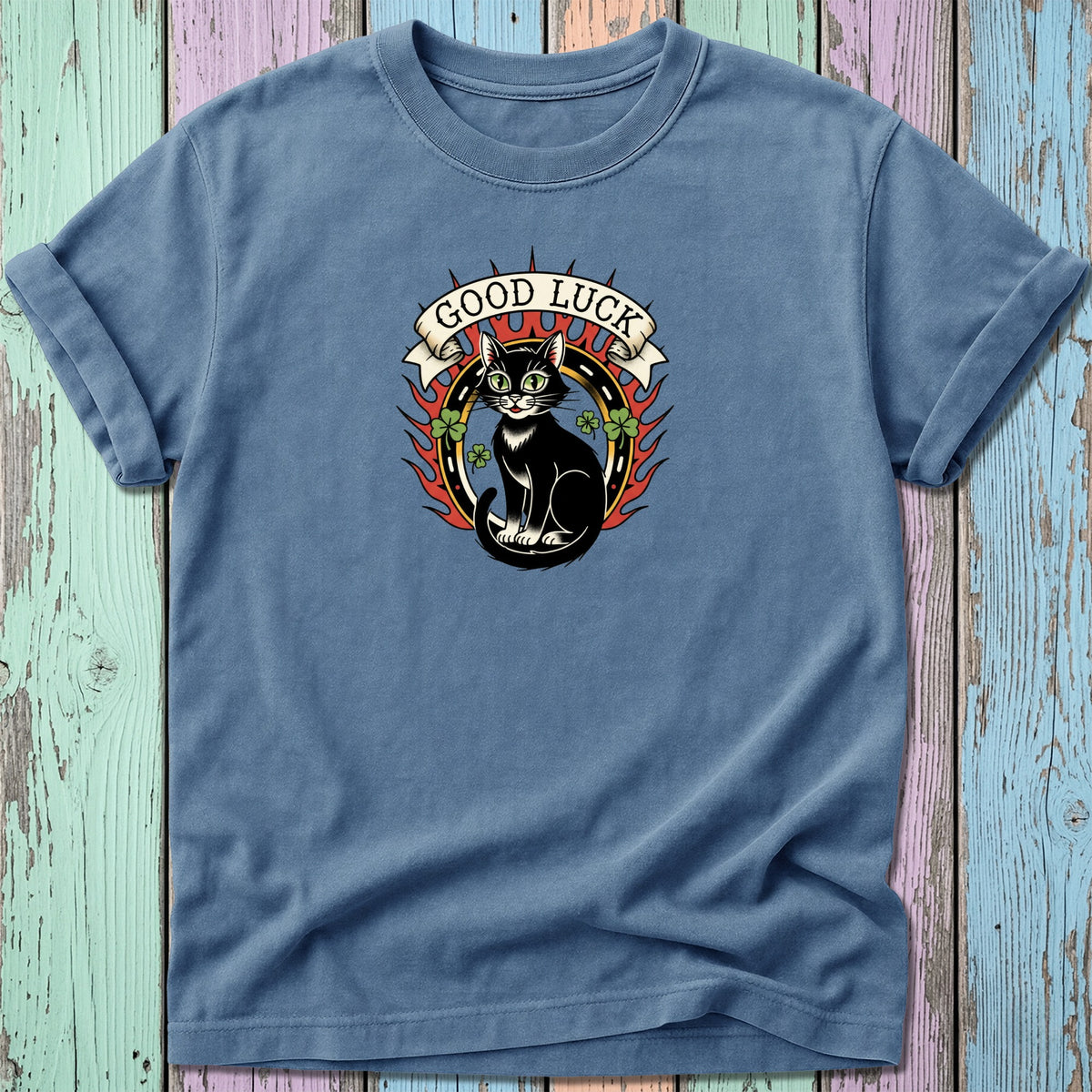 Black cat with clover and flames inside a circular banner reading "Good Luck".
