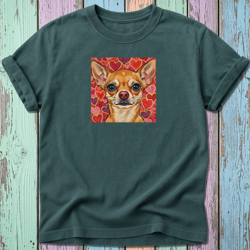 Dark green t-shirt with a painted chihuahua wearing heart-shaped glasses.