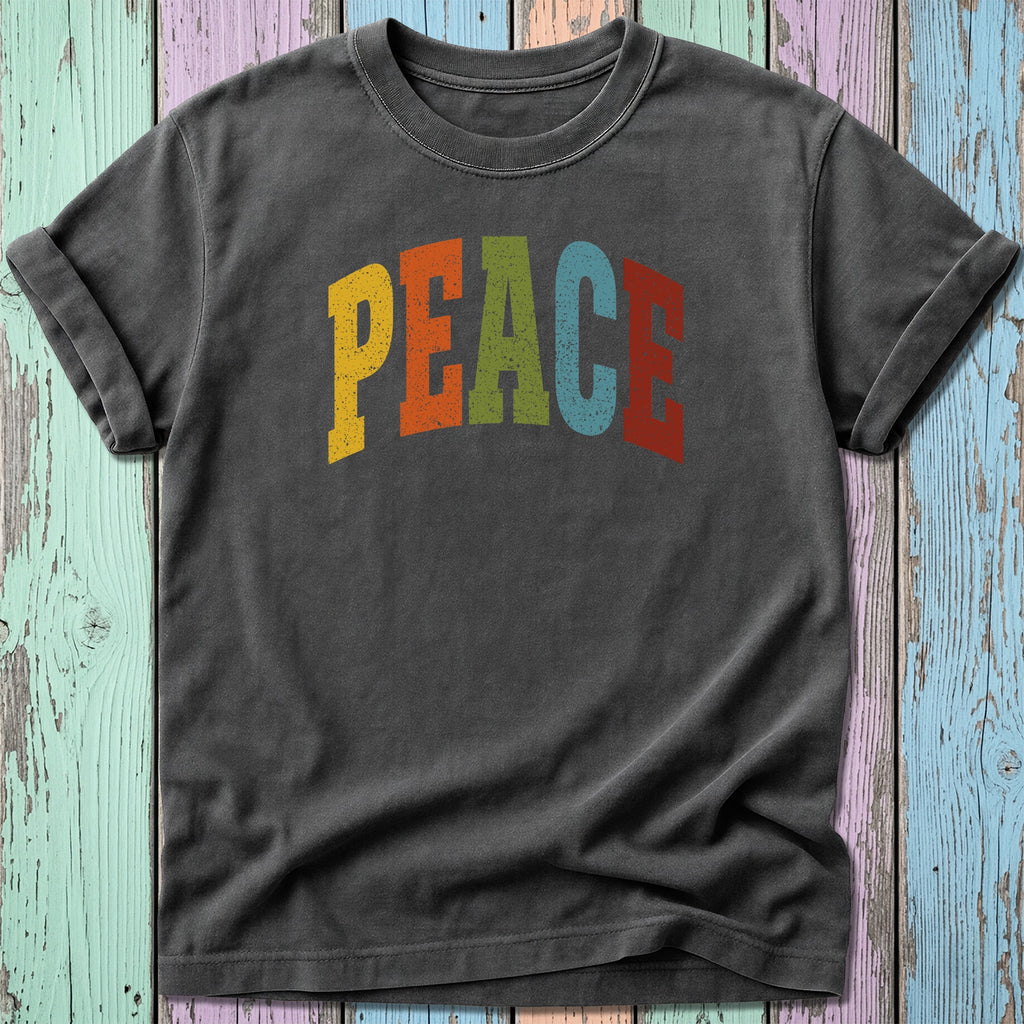 Dark gray t-shirt with "PEACE" in colorful vintage lettering.