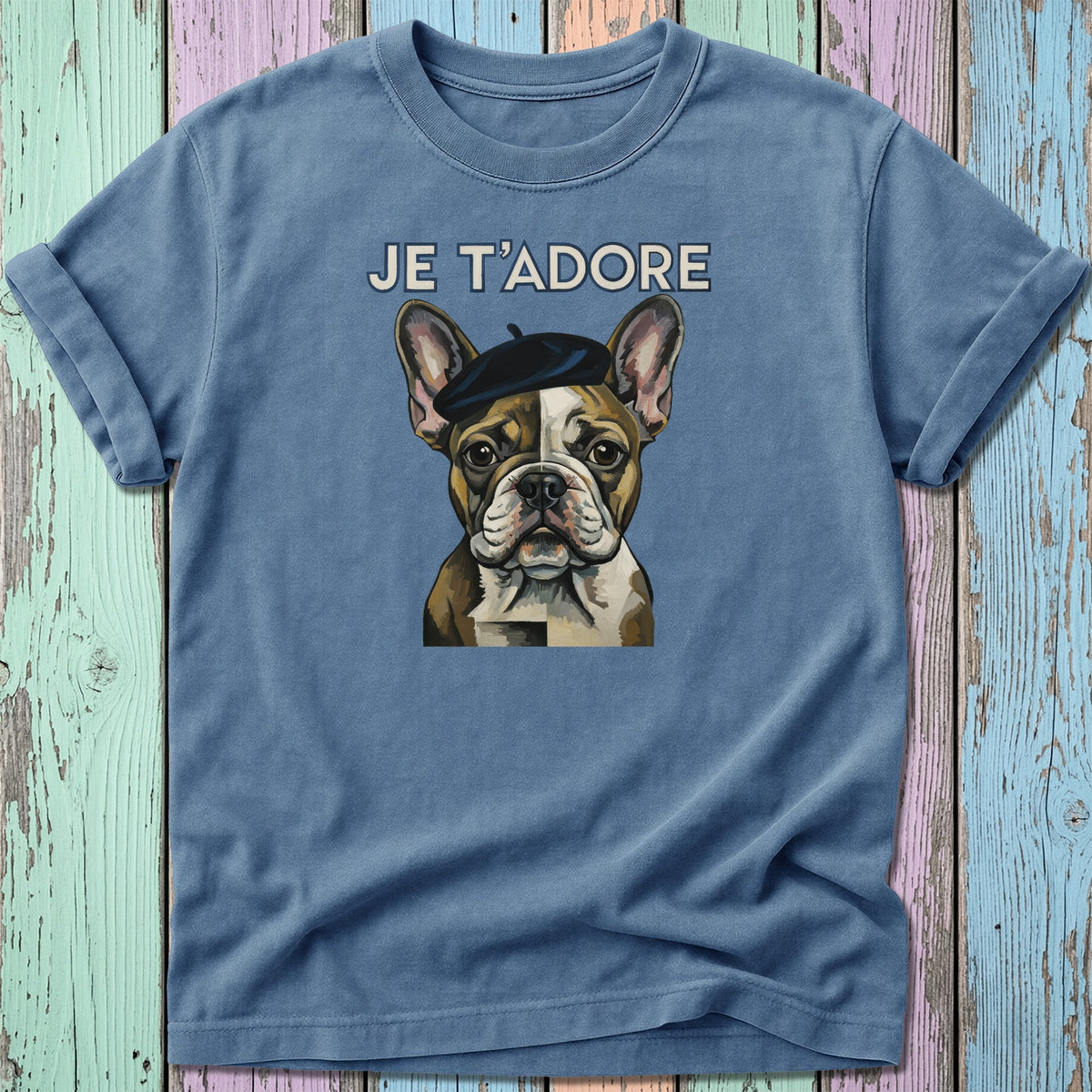 French bulldog wearing a beret with "JE T'ADORE" text.