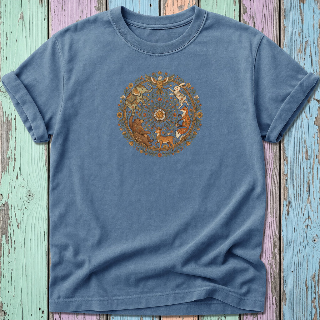 Blue t-shirt with a circular woodland animal mandala design.